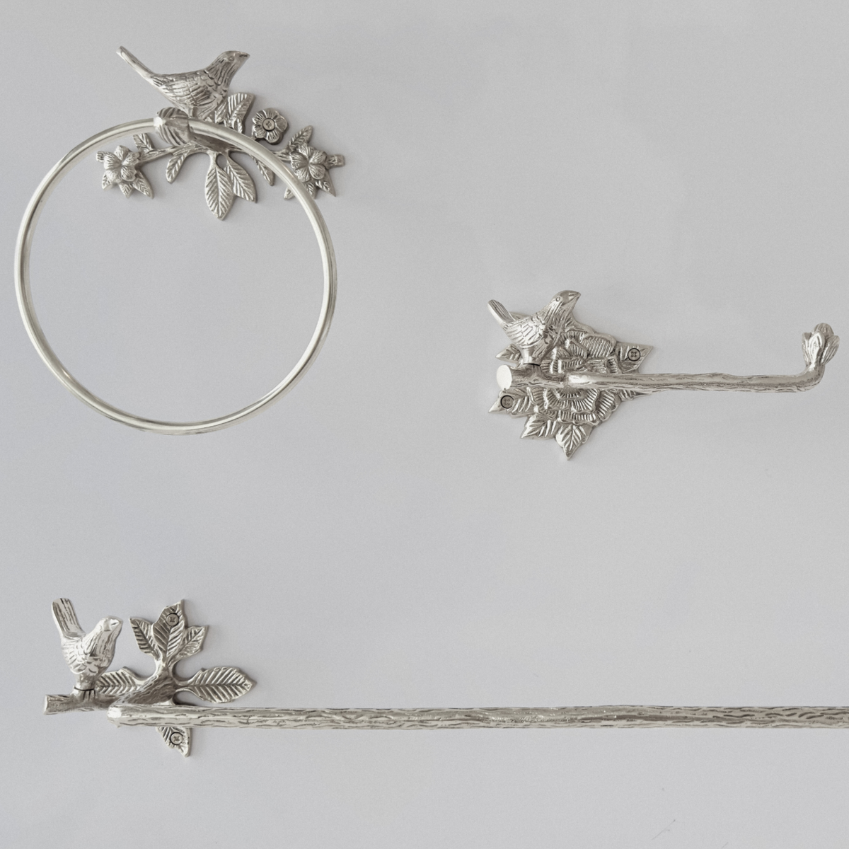 Chrome Bird Collection Bundle Pack (4 Pcs) | Towel Ring + Roll Holder + Hook + Rack