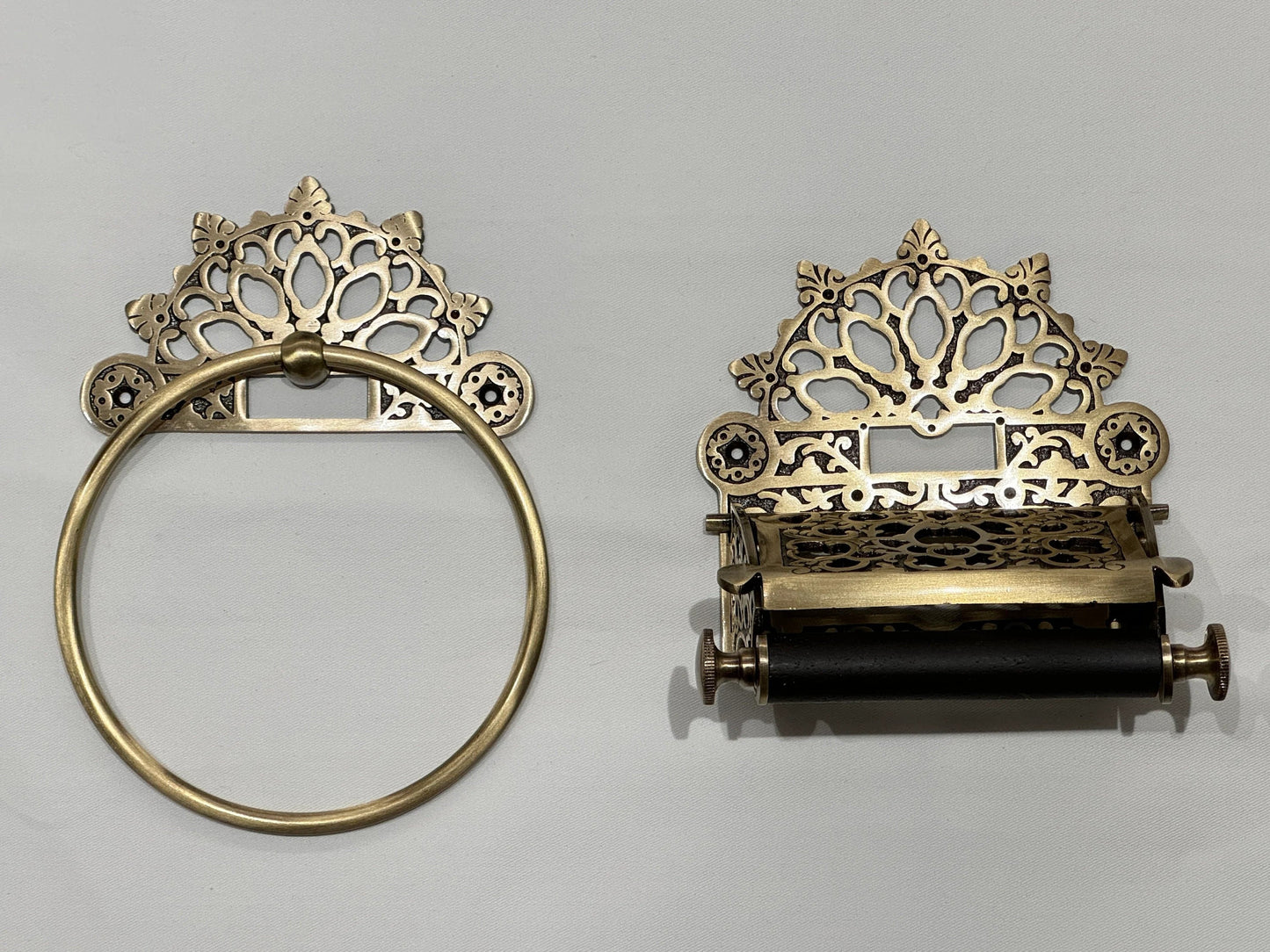 Victorian Set of Antique Brass (Towel Ring + Roll Holder)