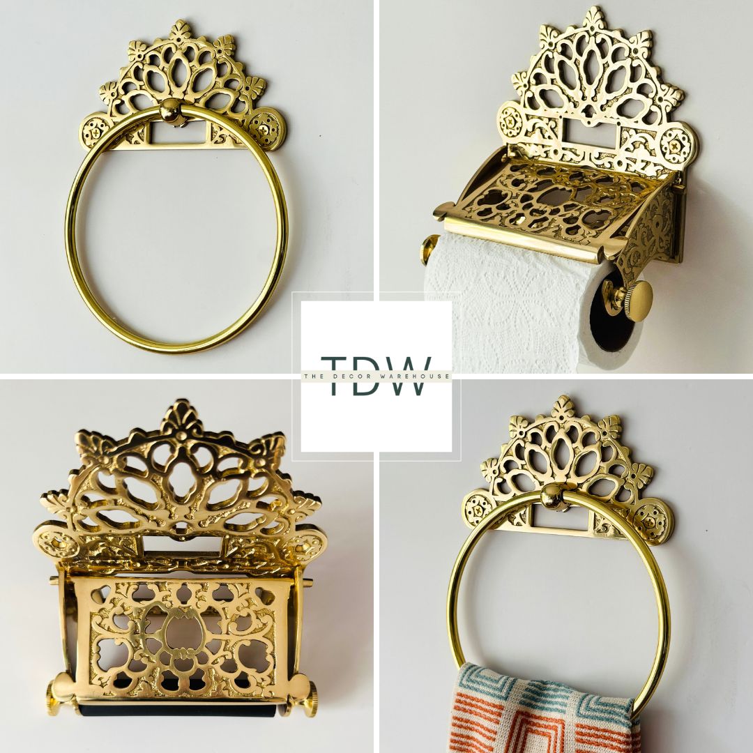 Victorian Set of Brass Polished (Towel Ring + Roll Holder)