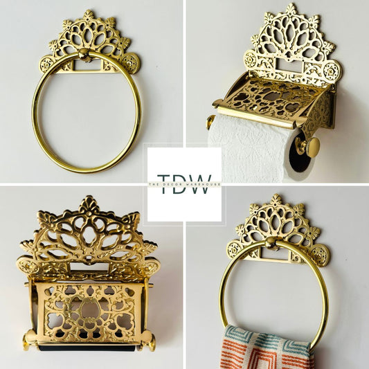 Victorian Set of Brass Polished (Towel Ring + Roll Holder)