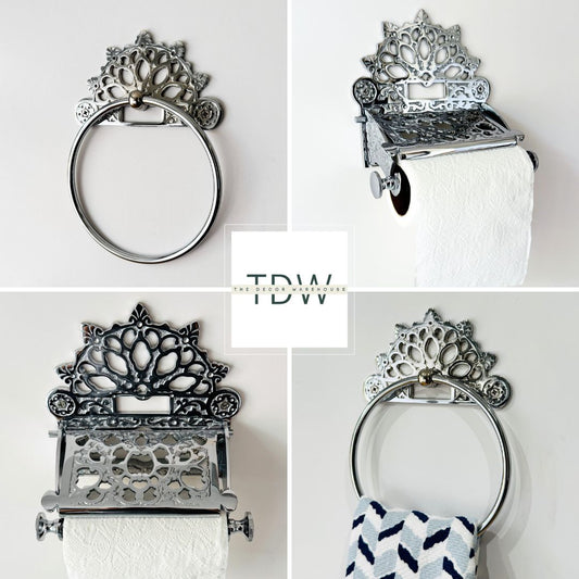 Victorian Set of Brass Chrome (Towel Ring + Roll Holder)