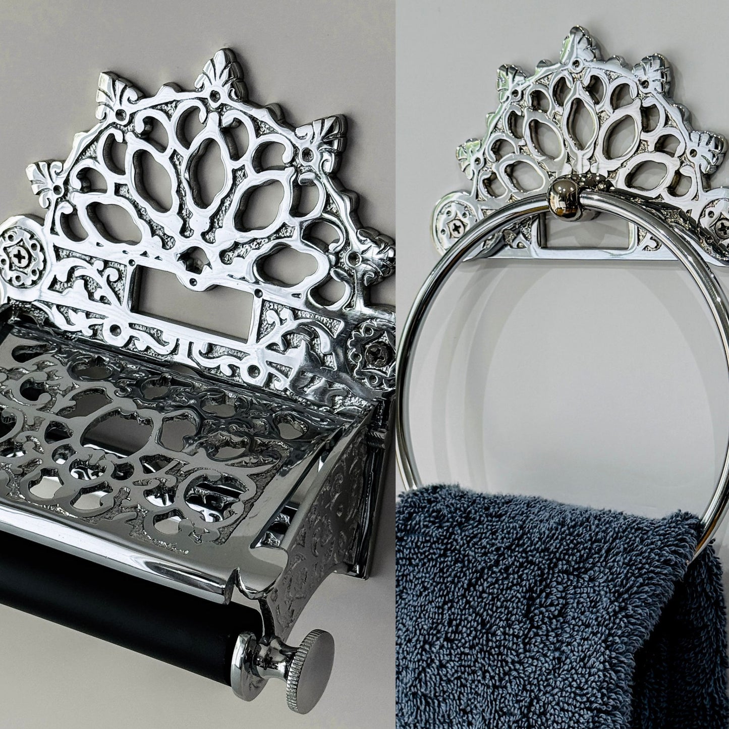 Victorian Set of Brass Chrome (Towel Ring + Roll Holder)