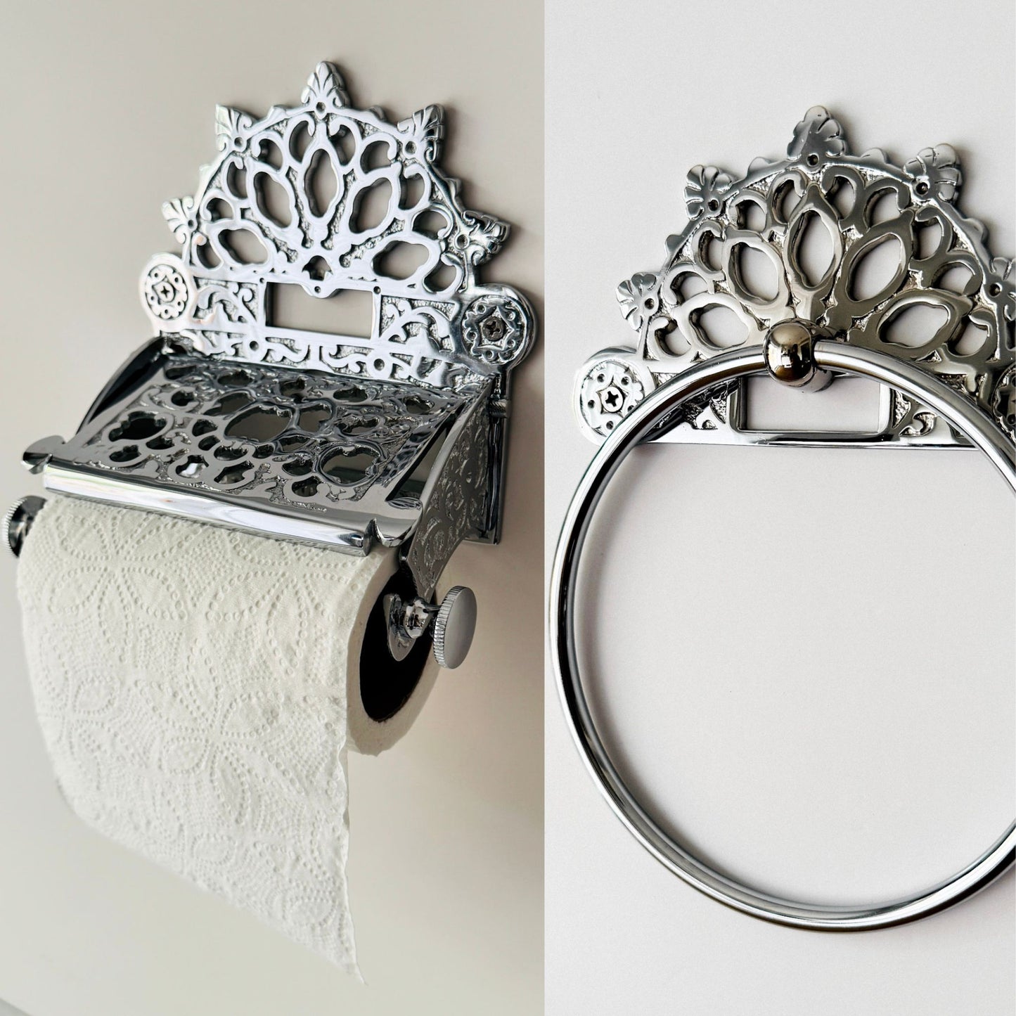 Victorian Set of Brass Chrome (Towel Ring + Roll Holder)