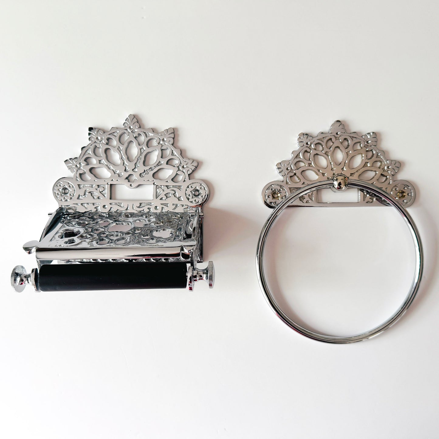 Victorian Set of Brass Chrome (Towel Ring + Roll Holder)