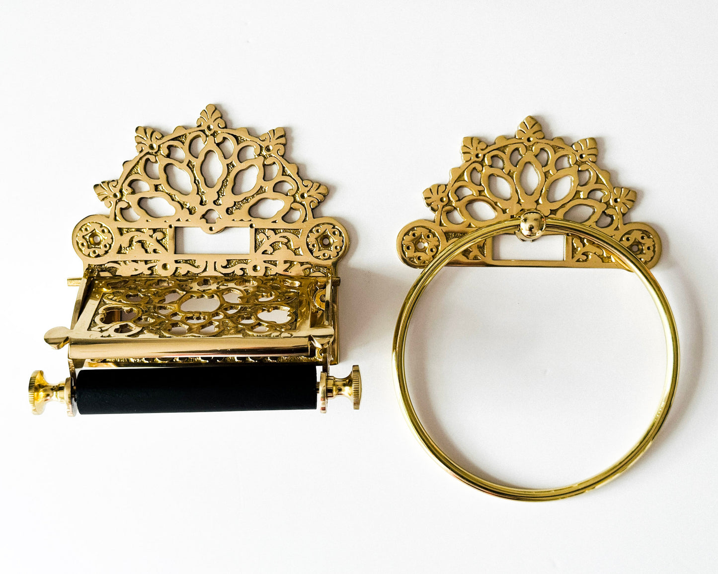 Victorian Set of Brass Polished (Towel Ring + Roll Holder)