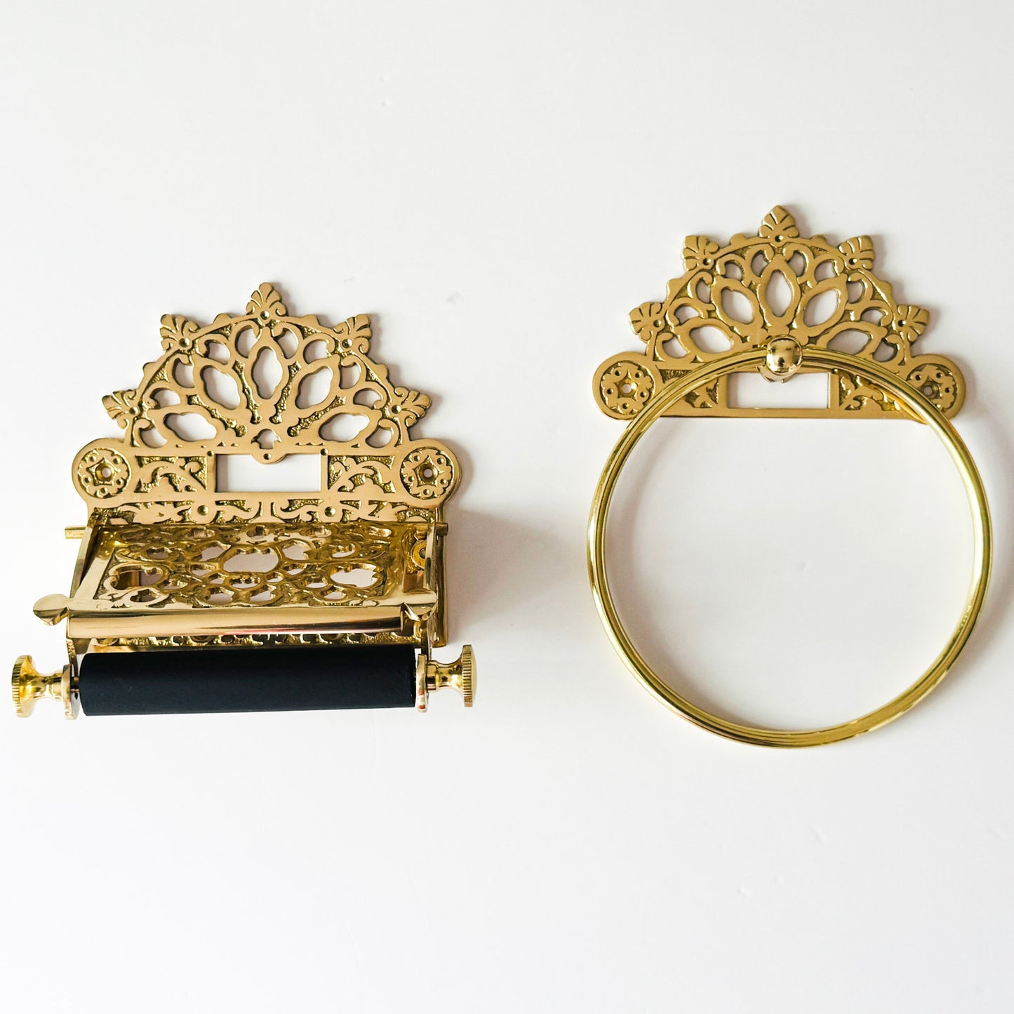 Victorian Set of Brass Polished (Towel Ring + Roll Holder)